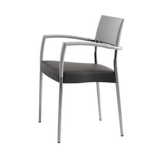 Airon 02021, Stackable armchair with arms with chromed metal frame, back in solid wood, upholstered seat, for contract use