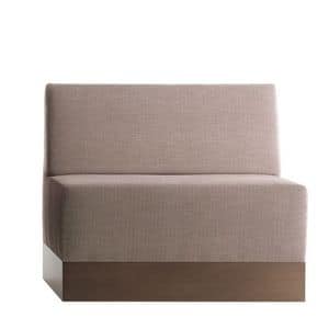 Linear 02482, Low modular bench, laminated base, upholstered seat and back, fabric covering, modern style