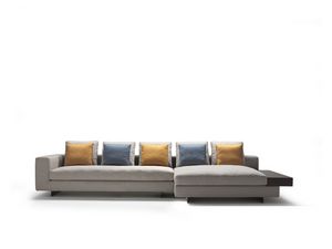 Moore, Elegant modular sofa, with side shelf in wood or leather