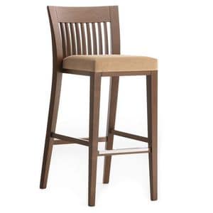 Logica 00984 - 00994, Barstool in solid wood, upholstered seat, fabric cover, with stainless steel kickplate, for contract and domestic use