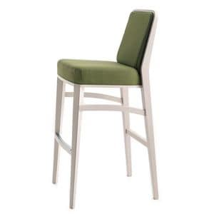 Round 02381 - 02391, Barstool in solid wood, upholstered seat and back, fabric covering, with stainless steel kickplate, for contract and domestic environments