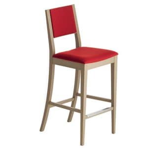 Sintesi 01582, Barstool in solid wood, upholstered seat and back, fabric covering, with stainless steel kickplate, for contract and domestic environments