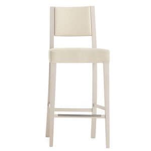Sintesi 01584, Barstool in solid wood, upholstered seat and back, fabric covering, with stainless steel kickplate, for contract and domestic environments