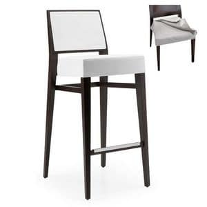 Timberly 01785 - 01795, Stackable barstool with solid wood, upholstered seat and back, fabric covering, steel footrest, for contract use