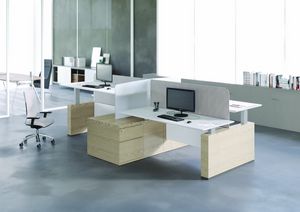 Evo Sit&Stand Workstation, Integrated desks, with glass partitions panels