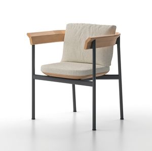 ERMES, Stackable aluminum chair with armrests, with teak backrest