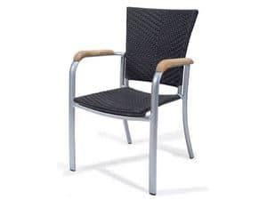 PL 400, Woven chair with armrests, in aluminum, wood trim