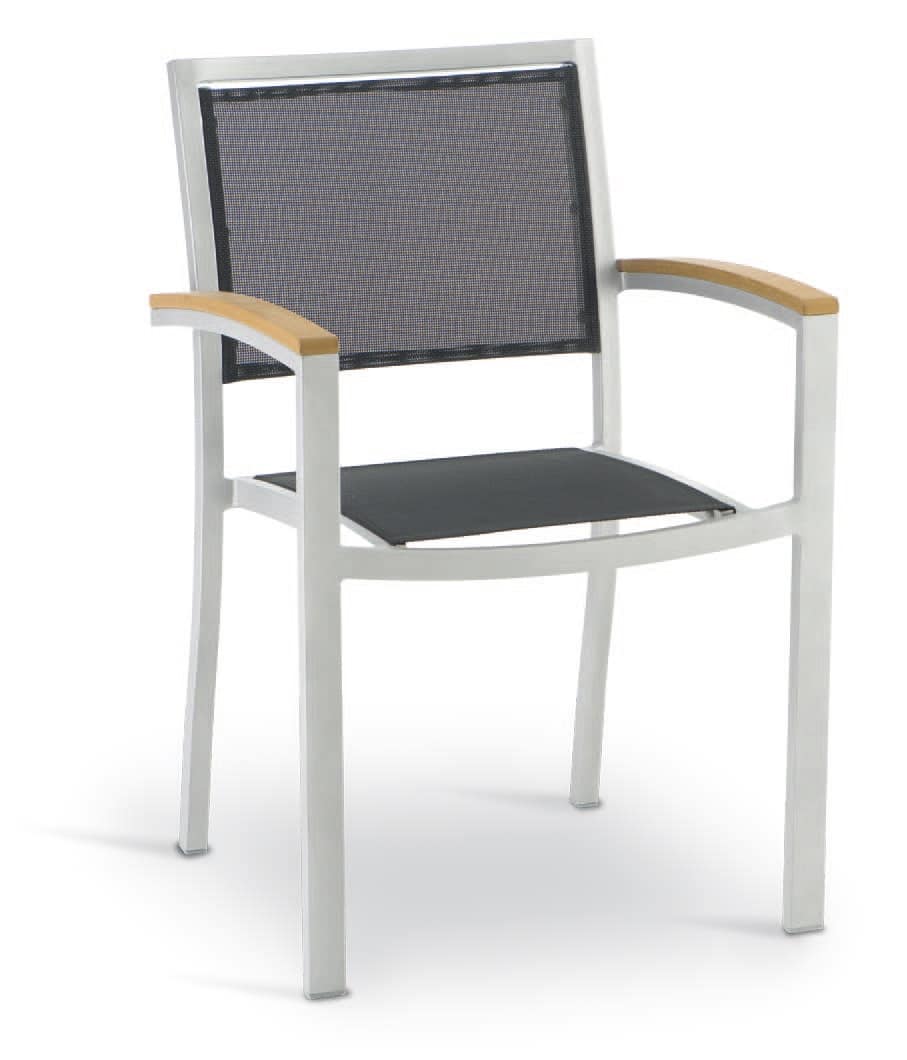 PL 465, Chair with armrests, in aluminum, wood and textilene
