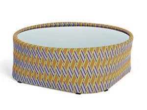 Kente tavolino, Round table for outdoor, woven, with glass top