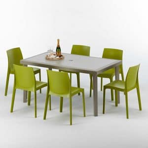 Set arredo tavolo e sedie pranzo cena esterno  S7050SETJ6, Rectangular table in rattan, elegant and durable