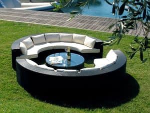 Atol set, Sofa with half-moon shape and coffee table for outdoor