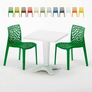 Tavolino Quadrato Bianco 70x70cm Con 2 Sedie Colorate Interno Esterno Bar GRUVYER PATIO, Garden set with table and chairs