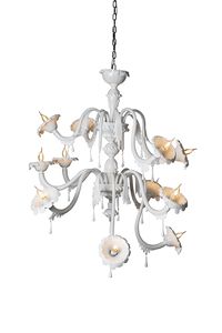 Au Revoir configuration A, Modular chandelier in white opal glass in triple layer