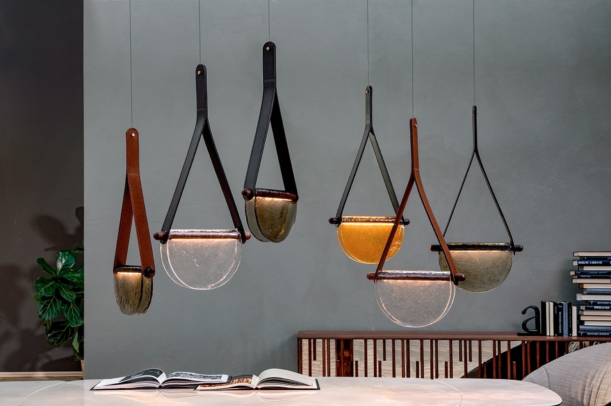 DALÌ, Solid wood lamps, fused glass
 and leather support