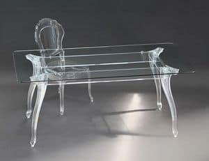 Belle Epoque tavolo rectangular, Elegant rectangular table, with glass top, polycarbonate legs with a classic design