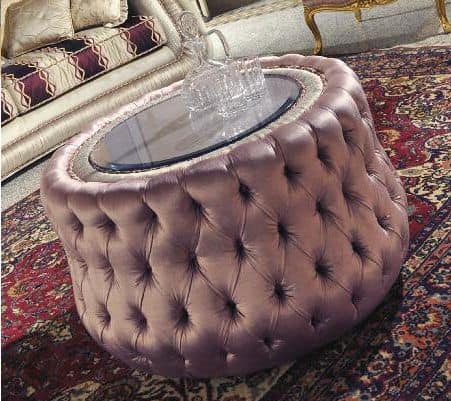 Biscuit, Pouff upholstered in tufted, round crystal glass top