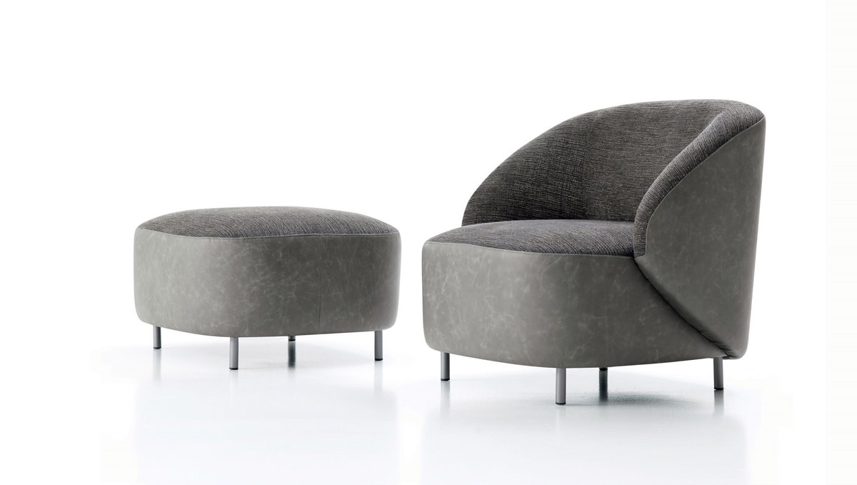 Pandi Art. 705, Pouf upholstered in fabric and leather with metal feet