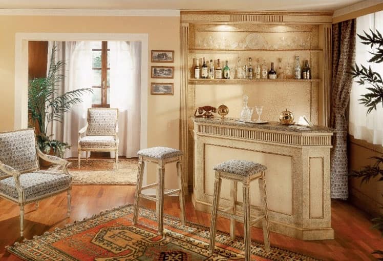 Collezione Ginevra, Custom furniture for bar area, lacquered crackled boiserie