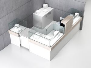 Quadratum Frame COM/QF5, Corner counter for shops, with three display cases