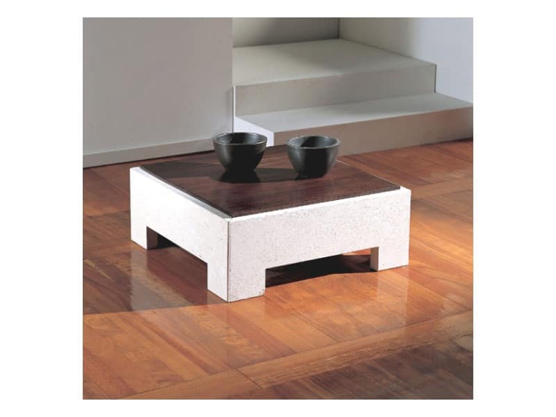 Square Coffee Table With Wooden Top, Small Stone Top Coffee Table