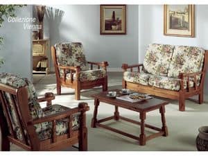 Collection Vienna, Upholstered armchair with wooden frame, in rustic style