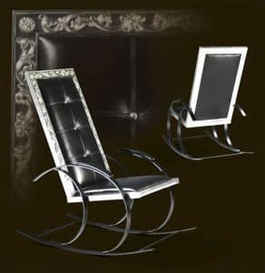 Dondolo, Rocking chair made of ash, upholstered in black leather