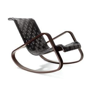 Dondolo, Rocking chair in wood, seat in woven leather
