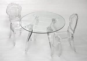 Belle Epoque round table, Elegant round table, with glass top, polycarbonate legs with a classic design