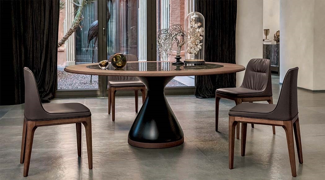 Table with lacquered agglomerate base, glass or ceramic top with