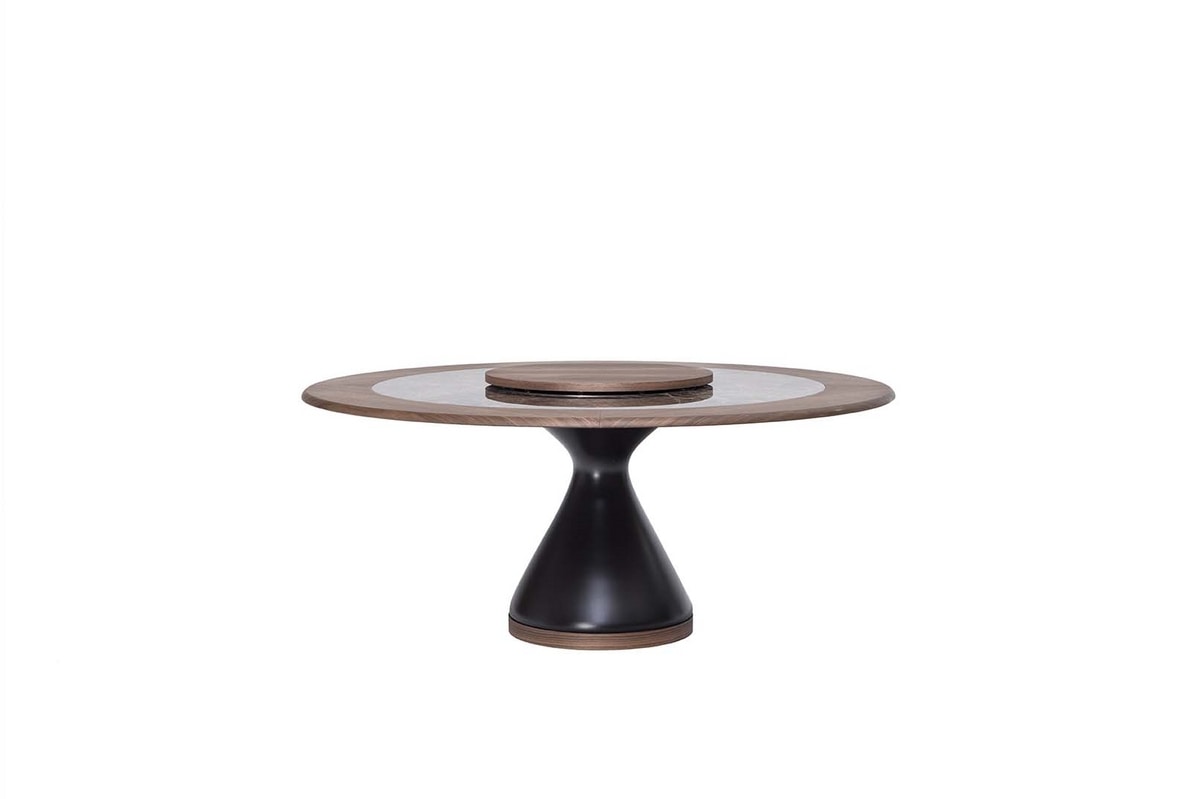 DOLLY, Table with lacquered agglomerate base, glass or ceramic top with wooden ring
