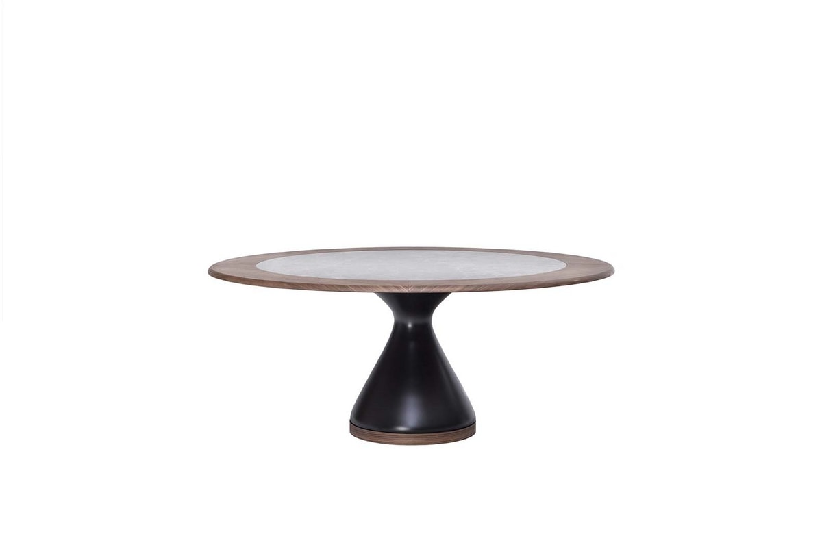 DOLLY, Table with lacquered agglomerate base, glass or ceramic top with wooden ring
