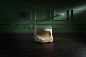 Login, Table with tree trunk base, glass top