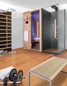 Cuna Shower, Linear sauna, in wood and glass, for spa