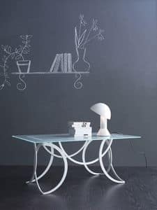Azzurra coffee table, Modern metal table with satined glass top
