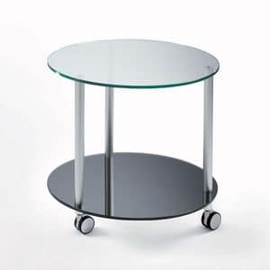 Sfera, Small round table with wheels, tempered glass shelves