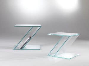 Tavolino 02, Glass coffee table, zed shaped, with magazine rack