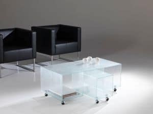 Tavolino 04, Coffee table with wheels, made of glass, for waiting areas
