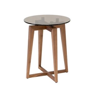 Zen round side table, Canaletto walnut small table with glass round top