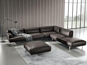 SALINA 2, Modular sofa in leather, with dormeuse and ottoman