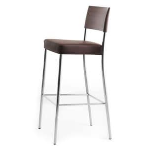 Airon 02081, Barstool with chromed metal frame, back in solid wood, upholstered seat, for contract use