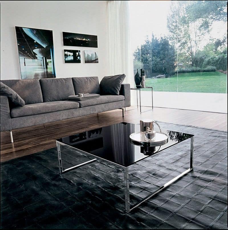CENTRAL, Table with linear structure, in glass and metal, per suite