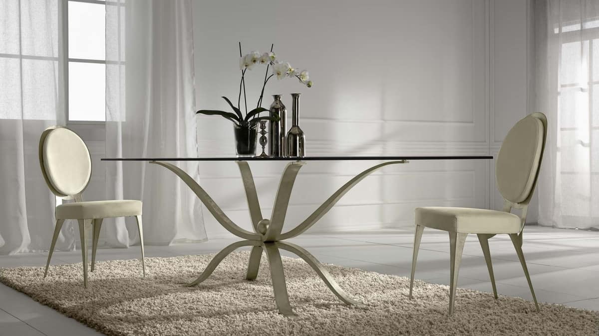 Atlante tavolo, Table in hand-polished iron, glass top