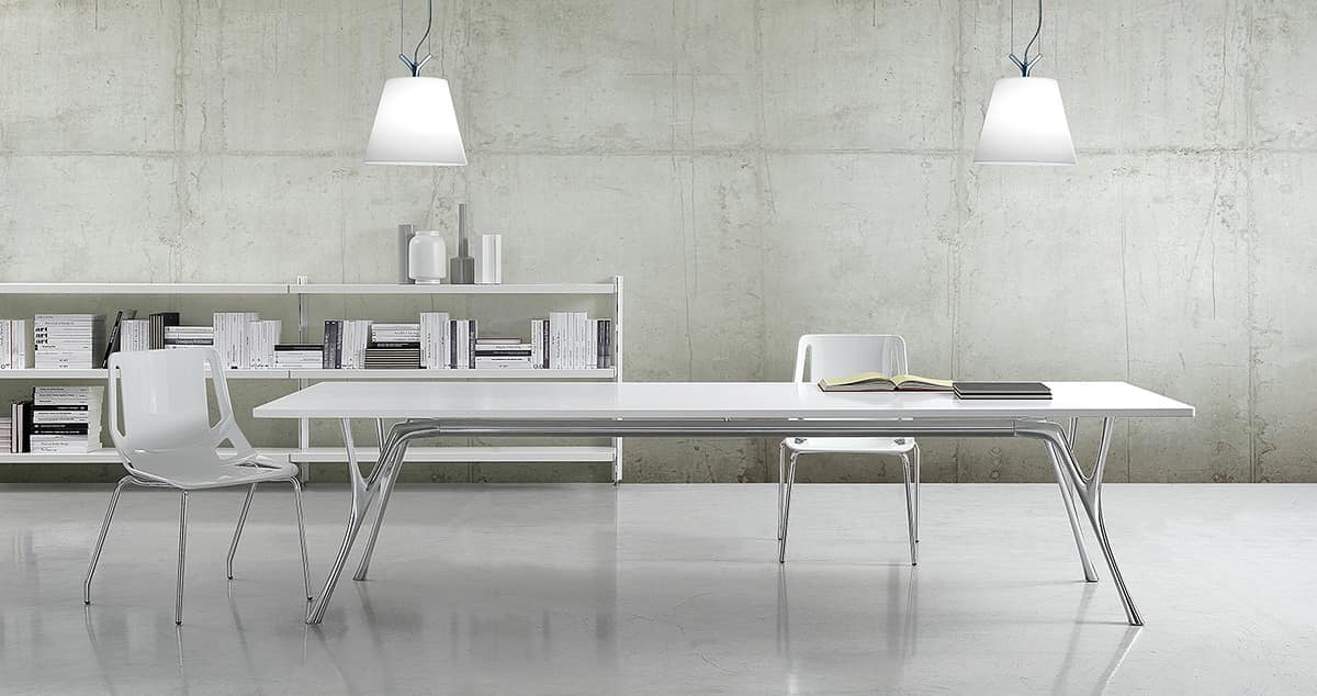 Pegaso solid, Long table in polished aluminum and resin top