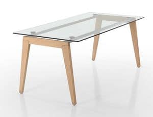 Beppe, Rectangular table with wooden legs and glass top