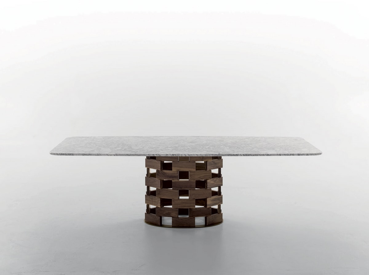COLOSSEO, Fixed or extendable table with base in round or elliptical solid wood