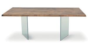 LIGHT, Table with legs made of tempered glass, wooden top