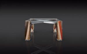 ORFEO, Square table, glass top, wooden structure