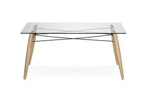 Souvenir rectangular, Rectangular table, glass top, wooden legs