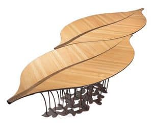 Fenice, Leaf-shaped table with wooden top and metal base