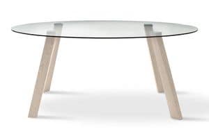 GLAM4, Oval table with glass top, legs in beech